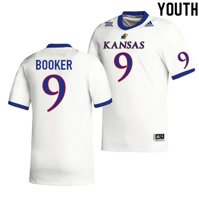 Youth #9 Austin Booker Kansas Jayhawks College Football Jerseys Stitched Sale-White - Click Image to Close